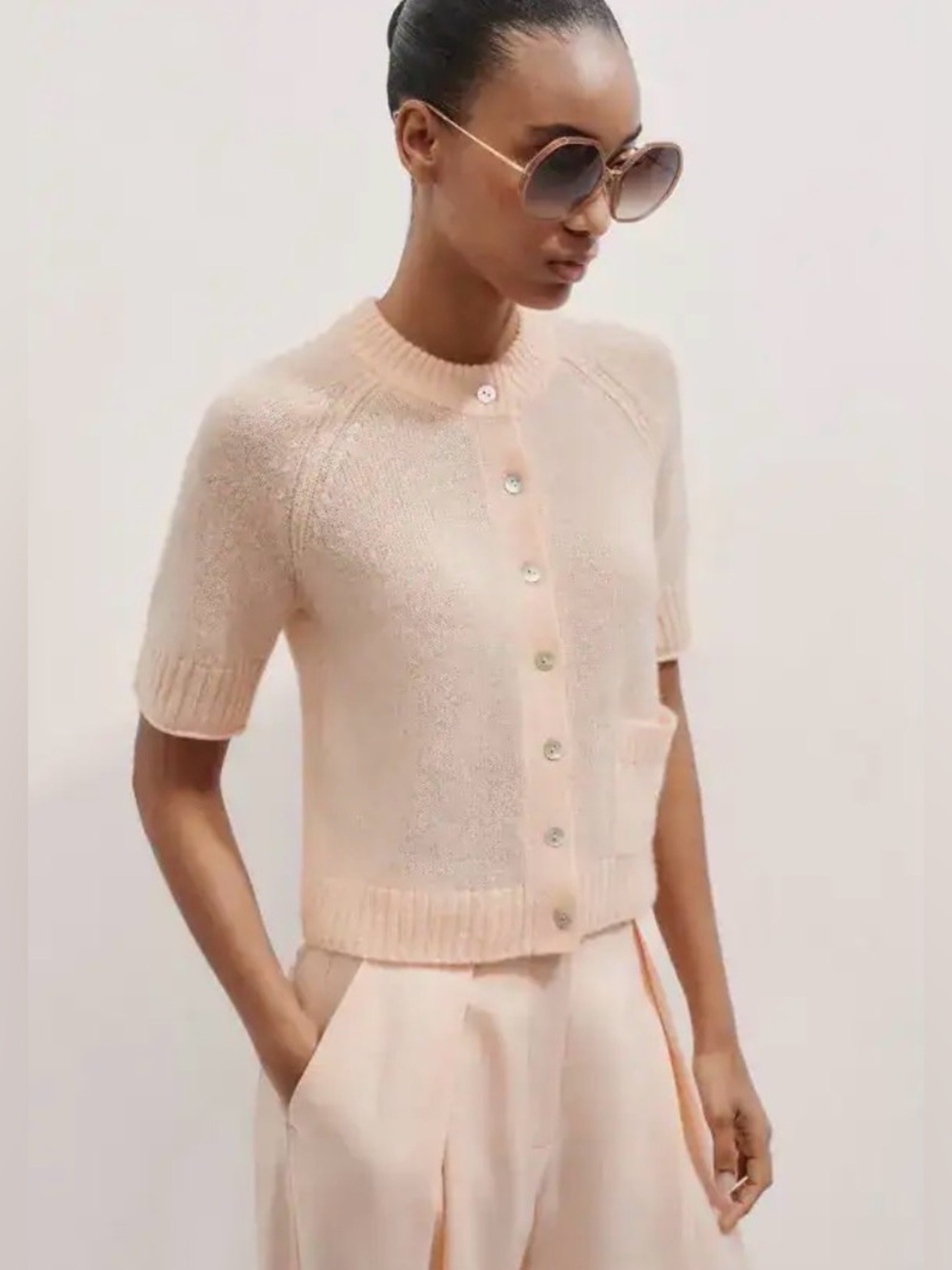 ME+EM Short-Sleeve Merino-Cashmere-Silk Button Cardigan in Blush